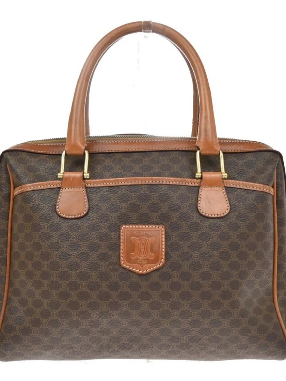 CELINE Logo Macadam Pattern Boston Hand Bag PVC Leather Brown GHW